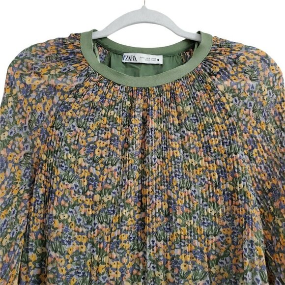 Zara Blouse Small Womens Pleated Chiffon Floral Top Long Sleeve Bloggers‎ Fave - Picture 3 of 12